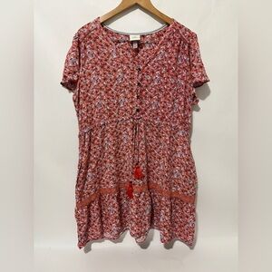 Knox Rose Boho Floral Mini Dress Pockets Size XXL Short Ruffle Sleeve Tassel Tie
